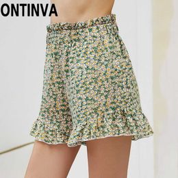Women's Summer Floral Print Mid Elastic Waist Flare Shorts Skorts Ladies shorts feminino Ruffles Trim Short Pants 210527