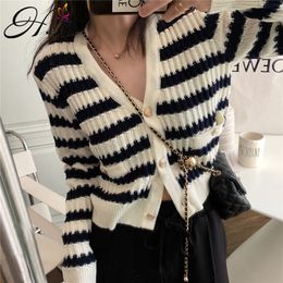 H.SA Women Casual Short Striped Knitted Jackets Black and White Button Up V neck Long Sleeve Sweater Cardigans 210417