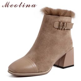 Meotina Real Leather High Heel Ankle Boots Woman Boots Zipper Block Heel Shoes Metal Decoration Square Toe Short Boots Ladies 40 210608