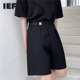 IEFB Summer High Waist Shorts Fashion Design Asymmetric Placket Ribbon Buckle Side Elastic Suit Shorts Loose 9Y7750 210524