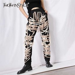 TWOTWINSTYLE Cross Bandage Pants For Women High Waist Full Length Plus Size Casual Black Trousers Female Autumn Style 211115