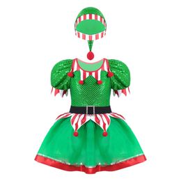 Kids Girls Christmas Elf Costume Xmas Sequins Pompoms Adorned Fancy Party Mesh Tutu Dress With Hat New Year Carnival Dress Up G1026