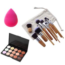 Concealer Palette, 15 Colors Makeup Palette Facial Camouflage Contour Palette with Sponge Puff Oval & Bamboo Handle Premium Synthetic Kabuki Makeup Brush