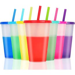reusable plastic cold cups with lids Canada - Color Changing Cups Tumblers Drinkware With Lids Straws Reusable Plastic Cold Cup For Adults Kids HH21-320