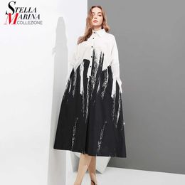 Painting Style Woman Summer Long Sleeve Black And White Printed Shirt Dress Tie Dye Plus Size Midi Casual Dress Robe Femme 3400 210706