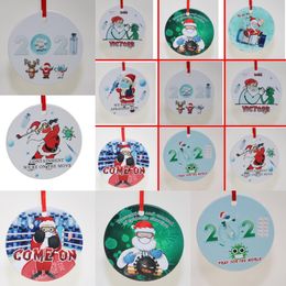 Ceramic Christmas Quarantine Ornaments Acrylic Round Christmas Tree Pendant Santa Wearing a Mask Xmas Decorations with rope