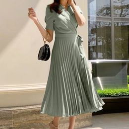 Summer Women Pleated Midi Dress Office Ladies Notched Short Sleeve Fake Two Pieces Dress High Quality Party Vestidos 210514
