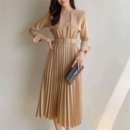 LDYRWQY autumn ladies temperament long sleeve fashion pleated dress Zippers Knee-Length Office Lady 210416