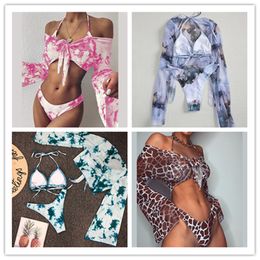 In-X Tie-dye print 3 piece swimsuit female Sexy mesh bikini 2021 Long sleeve swimwear women Knot biquini Beach wear bathing suit 09