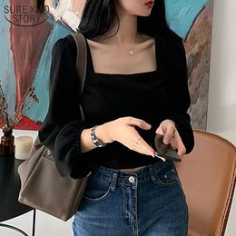 Autumn Vintage Black Long Sleeve Shirt Women Square Collar Short Sexy Corset Top Blouse Femme Casual Female Shirts 12455 210508