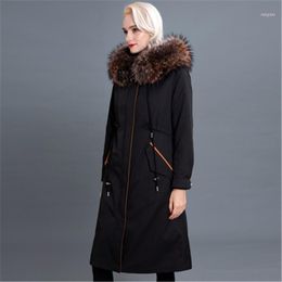 Winter Women Real Fur Collar Jacket Ladies White Duck Down Long Coat Female Thicken Warm Hooded Loose Parkas Mujer1