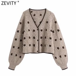 Women Vintage V Neck Embroidery Cardigan Knitting Sweater Female Chic Lantern Sleeve Appliques Casual Coat Tops S596 210420