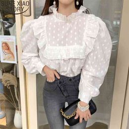 Autumn cute Stand Collar Puff Sleeve White shirt Women Sweet Ruffled tops white dot blouse women Embroidery Blusas Mujer 12720 210506