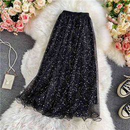 Autumn Winter Temperament Sequined Skirt with Sweater Fantasy Starry Sky Long High Waist Mesh A-line UK953 210506