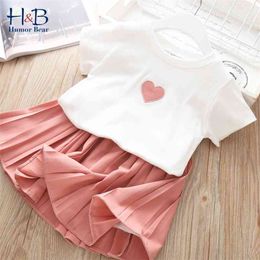 Korean Summer Girls Clothing Set Heart Printed Top T-shirt+Skirt 2Pcs Cute Toddler Kids Clothes 210611