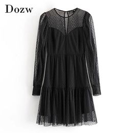 Women Lace Mesh Patchwork Black Mini Dress O Neck Polka Dot Sexy Party Puff Long Sleeve Ruffle Chic es Robe 210515