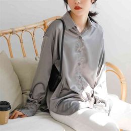 Arrival Spring Autumn Korea Fashion Women Loose Silk Satin Vintage Shirts all-matched Casual White Blouse Ladies Tops S438 210512