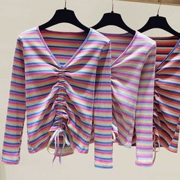 V-Neck Long Sleeve T Shirt Women Spring Autumn Knit Tops Striped Blusa Tees Female Casual Pink Lace Up T-Shirts 210604