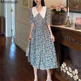 M-4xl Summer Printed Women Long Dress Short Sleeve Peter Pan Collar Vintage Elegant Dresses Fashion Ladies Vestidos 210513