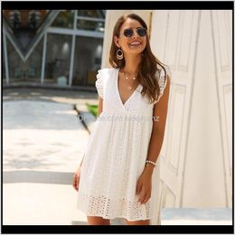 Dresses Womens Clothing Apparel Drop Delivery 2021 Solid Short Beach For Sexy V Neck Butterfly Sleeveless Hollow Lace Casual Loose Summer Wom