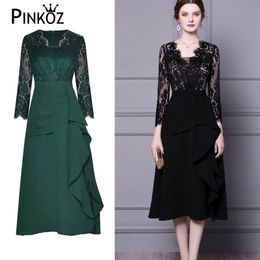 elegant vintage dark green ruffles patchwork midi dress for women casual office lady lace high waist dresses robe fashion 210421