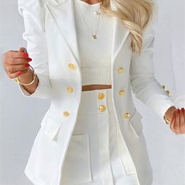 Lady Office Solid Colour Puff Sleeve Suit + High Waist Button Skirt Two-Piece Set Women Spring Fashion Blazer Commute Outfits 220302