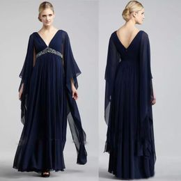 Navy Blue Chiffon Formal Mother Of Bride Dresses V Neck High Waist Beaded Floor Length Plus Size Prom Party Gowns Cheap