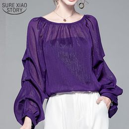 Autumn Fashion Chiffon Blouse Women Vintage Purple Loose Sexy Perspective Shirt Lantern Sleeve Top Female Blusa 11842 210508