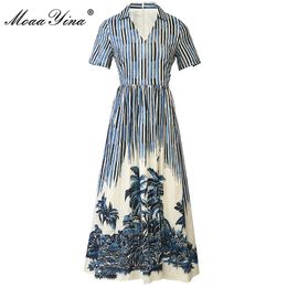 Summer Fashion Runway Designer Dress Women V-neck Short sleeve Loose Stripe Print Long 210524