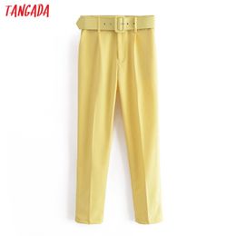 Fashion Women Light Yellow Suit Trousers with Blet Pockets Buttons Office Lady Pants Pantalon 6A22-1 210416