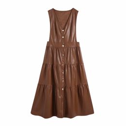 Women Spring Autumn PU Dress Sleeveless V-Neck Buttons High waist Mid-Calf es Female Elegant Vinatge Vestidos 210513