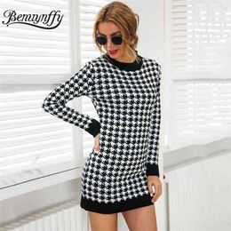 O-Neck Contrast Black Houndstooth Knitted Dresses Women Autumn winter Long Sleeve Casual Stretch Bodycon Mini Dress 210510