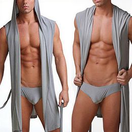 Men Summer Dress Bath Robe Sexy Pyjamas Sleepwear Hombre Sleeveless Hooded Casual Kimono Bathrobe Nightgown Robe Solid Colour Clo