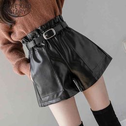 Autumn And Winter Waistband Fashion Black PU Leather Shorts Women Solid Colour High Waist Wide Leg Pants Female 11091 210415