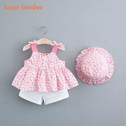 Bear Leader born Baby Floral Clothes Sets Kids Girls Sleeveless Vest And Shorts Outfits With Hats Cute Holiday Clothing Sets 210708