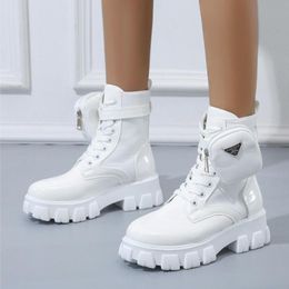 Boots Female Black White Punk Ankle Platform Solid Good Quality Women Lace Up Chunky Heel Belt Buckle Pocket 2021 Shoes