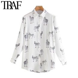 TRAF Women Fashion Animal Print Loose Blouses Vintage Long Sleeve Button-up Female Shirts Blusas Chic Tops 210415