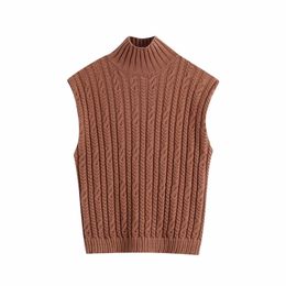 Sleeveless Sweater Women Autumn Casual Coffee Colour Knitted Pullover Vest Elegant Turtleneck Sweaters Ladies Knitwear Chic Tops 210521