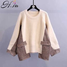 H.SA Sueter Mujer Women Sweater and Pullovers Plaid Pocket Patchwork Knitted Sweaters Oversized Beige Jumpers Loose Tops 210716