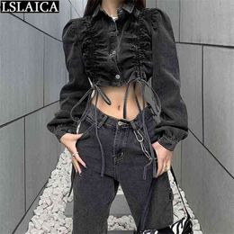 Sexy Denim Jacket Women Crop Fashion Coats and s Solid Single Breasted Female Tops Autumn Clothes 210515