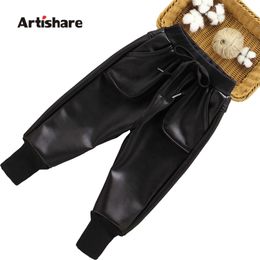 Girls Boys Leather Pants Solid Colour For Baby Girl Thick Warm Children Winter Autumn Children's Clothes 211103