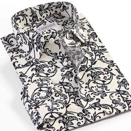 Men's Casual Beach Floral Printed Hawaiian Shirts Pocket-less Design Long-sleeve Standard-fit Button-up Stylish Flowers Shirt 210410