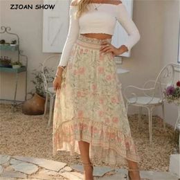 Beige Floral Print Holiday Long Skirt Bohemia Women Elastic High Waist Stitching Wood ears Ruffles Maxi Skirts Beach 210429