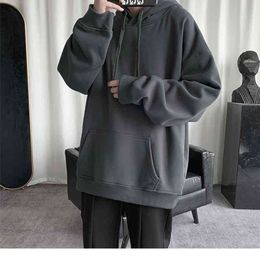 HybSkr Korean Men's Solid Color Hoodies Casual Hooded Pullovers Hoodie Warm Fleece Male Loose Sweatshirts Man Clothing 210728