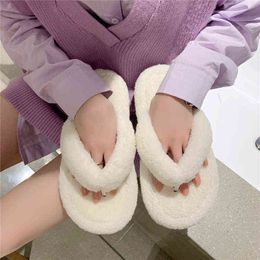 Winter Women Home Furry Slippers Open Toe Warm Shoes Plush Non-Slip Indoor Cotton Slippers Cosy Lining Soft Lamb Wool Flip Flop H1115