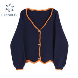 Spring Korean Sweater Women Vintage Navy Blue Cropped Collar Cardigan Knitted Outer Loose Long Sleeve Elegant Casual Tops 210417