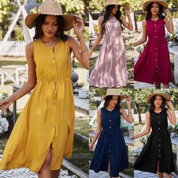 Summer Vintage beach midi dress womens Solid Sleeveless dress for womens sweet yellow beach casual dress female vestidos 210514