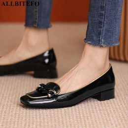 ALLBITEFO Fashion Metal Chain genuine leather square toe thick heel office ladies shoes brand high heels shoes women heels shoes 210611