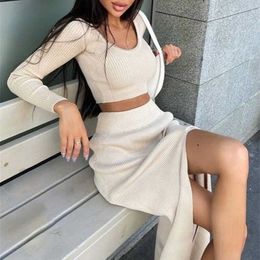 Tawnie Autumn Winter Knitted Sexy Women Dress Sets Casual Fashion Women's Suit With Long Sleeve Pullover Top & Split Skirt 211106