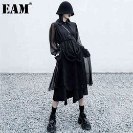 [EAM] Women Black Ruffles Mesh Chiffon Elegant Dress Lapel Long Sleeve Loose Fit Fashion Spring Autumn 1DD7561 210512